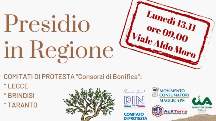 Protesta Consorzi di Bonifica: presidio presso la sede della Regione a Lecce (lunedì 13 novembre, ore 9)