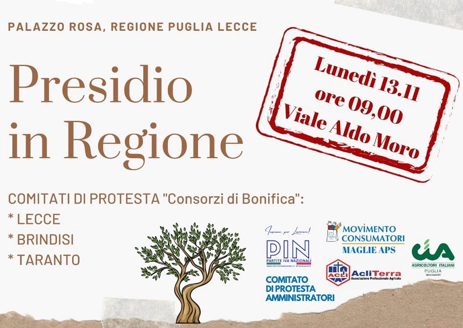 Protesta Consorzi di Bonifica: presidio presso la sede della Regione a Lecce (lunedì 13 novembre, ore 9)