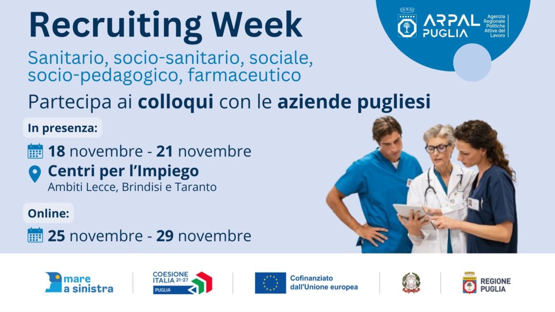 Dal 18 novembre “Recruiting week” Arpal Puglia e colloqui di lavoro in presenza e a distanza per nuove assunzioni