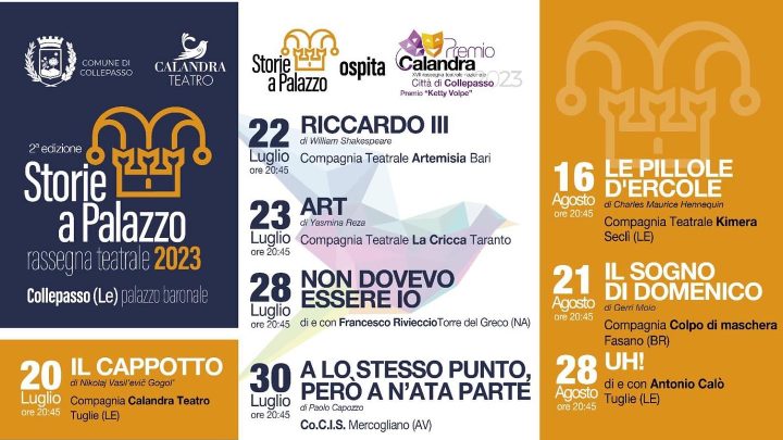 “Storie a Palazzo” con “Calandra Teatro”: dal 20 luglio al 28 agosto otto rappresentazioni presso il Palazzo baronale