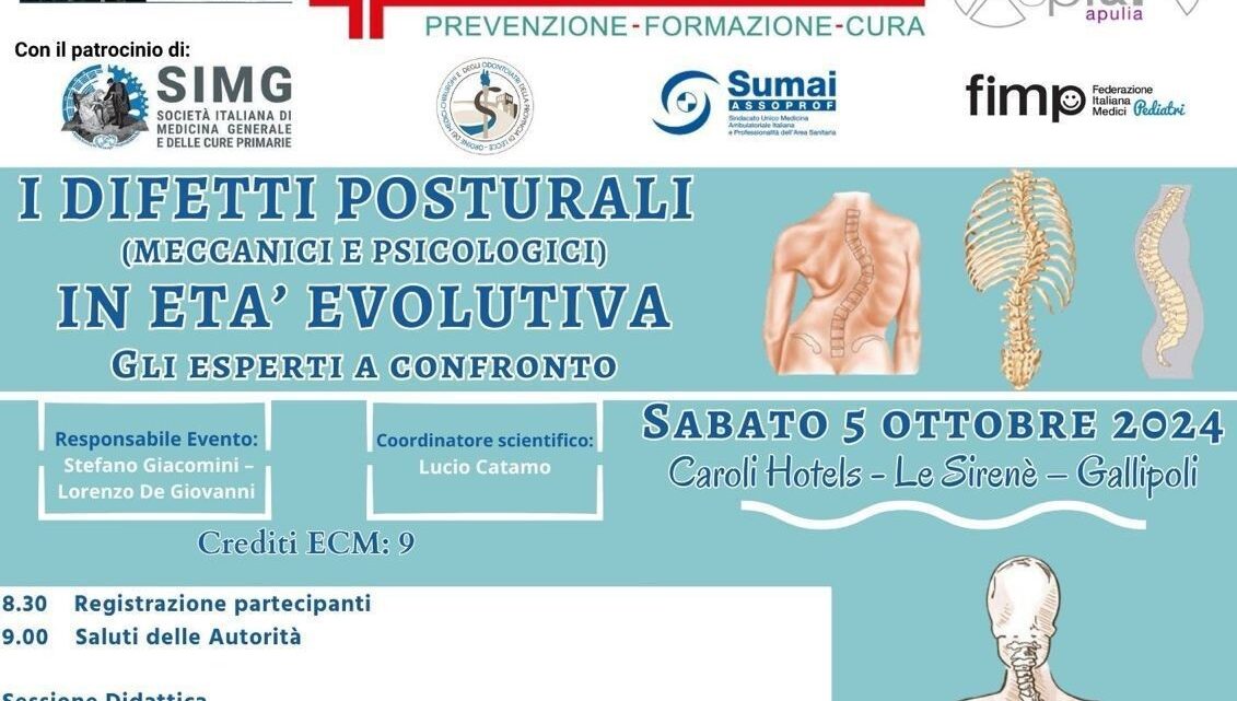 “I difetti posturali in età evolutiva”: esperti a confronto (5 ottobre, ore 9-19, Gallipoli, Hotel Le Sirené)