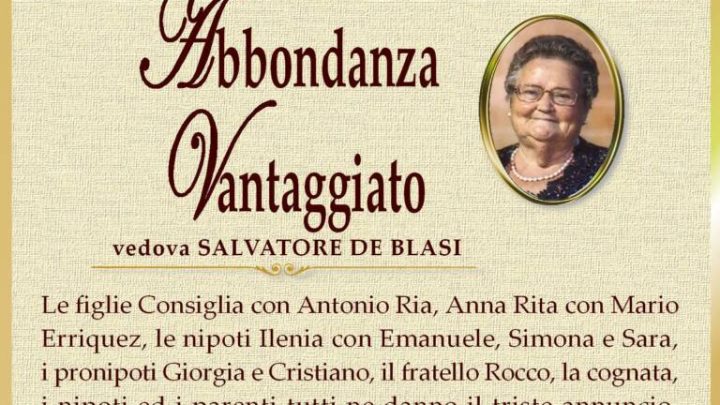 È morta Abbondanza Vantaggiato, ved. De Blasi