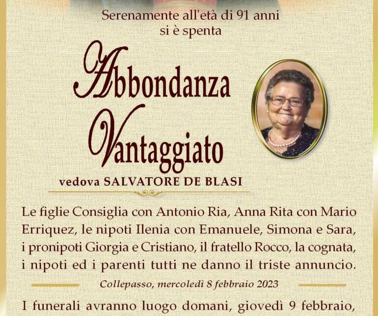 È morta Abbondanza Vantaggiato, ved. De Blasi