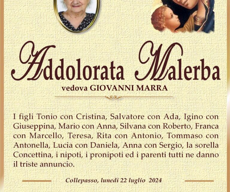 È morta Addolorata Malerba, ved. Marra