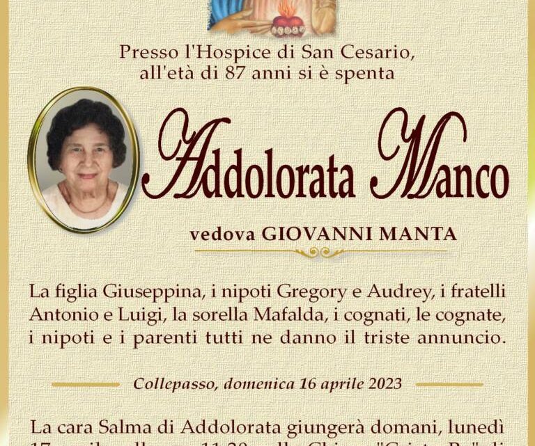 È morta Addolorata Manco, ved. Manta