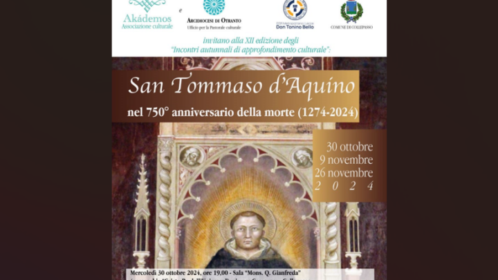 XII edizione “Incontri autunnali di approfondimento culturale” di Akádemos dedicata a San Tommaso: 1° incontro il 30 ottobre, ore 19, Auditorium Chiesa Cristo Re