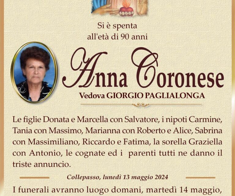 È morta Anna Coronese, ved. Paglialonga