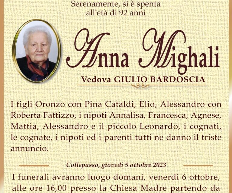 È morta Anna Mighali, ved. Bardoscia