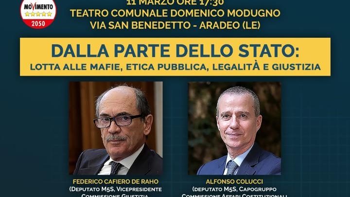 “Dalla parte dello Stato: lotta alle mafie, etica pubblica, legalità e giustizia” (11 marzo, ore 17.30, Aradeo, Teatro D. Modugno)