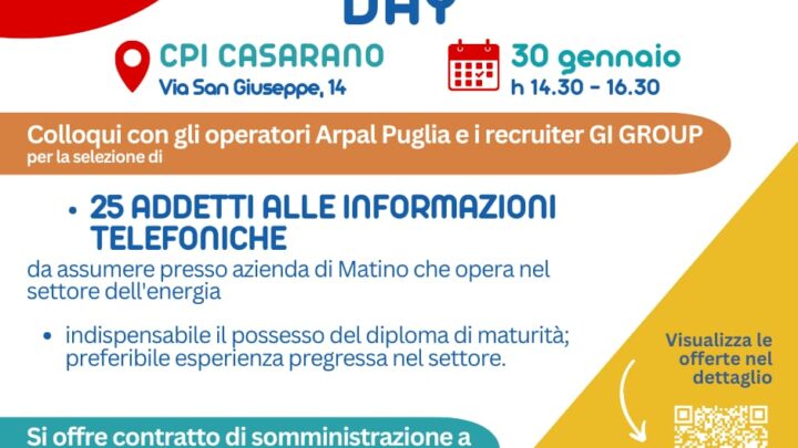 “Recruiting day” il 30 gennaio a Casarano per l’assunzione di 25 addetti alle informazioni telefoniche