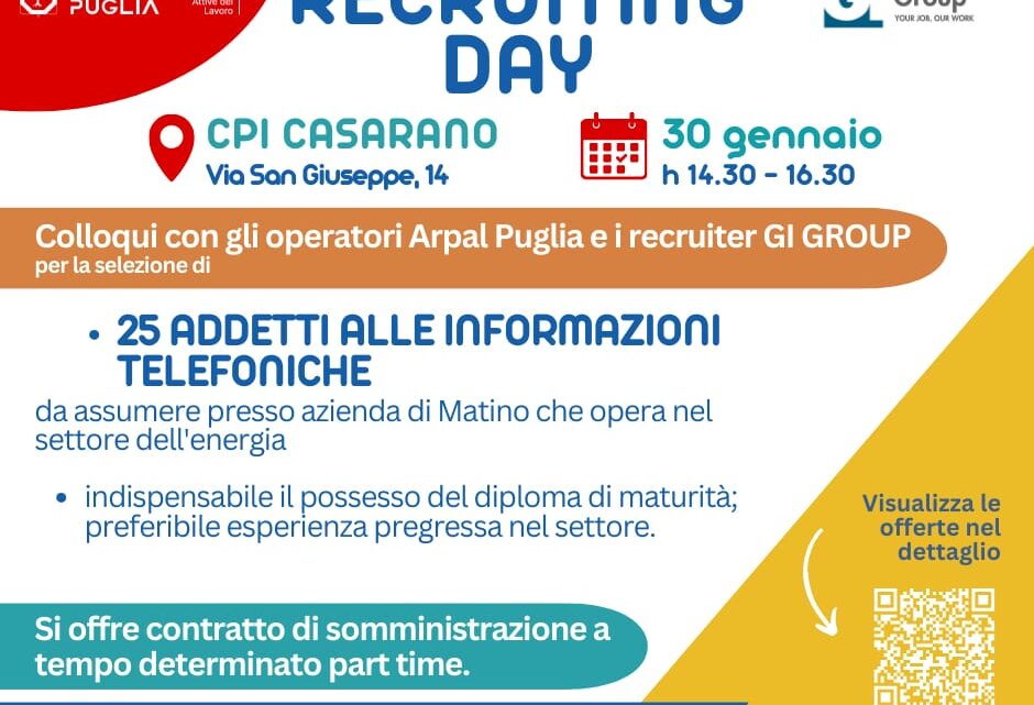 “Recruiting day” il 30 gennaio a Casarano per l’assunzione di 25 addetti alle informazioni telefoniche