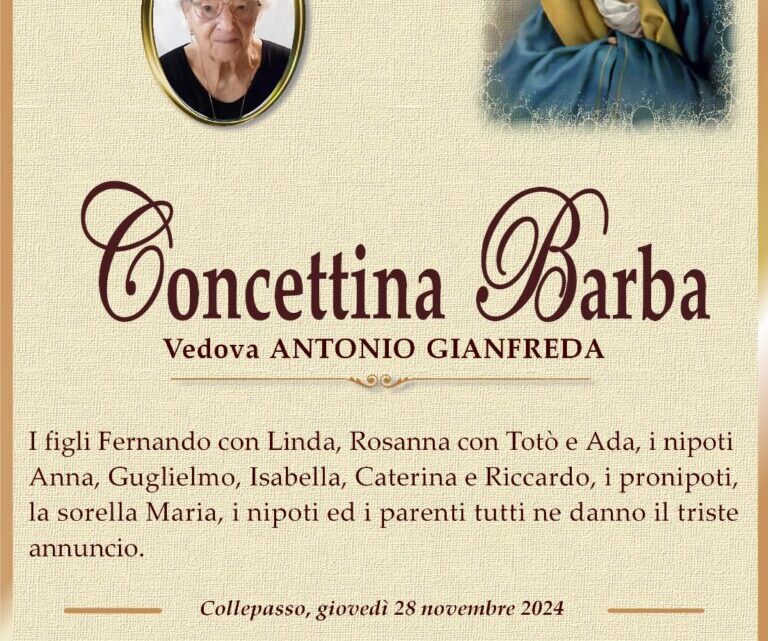 È morta Concettina Barba, ved. Gianfreda