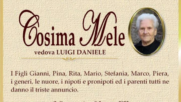 È morta Cosima Mele, ved. Daniele