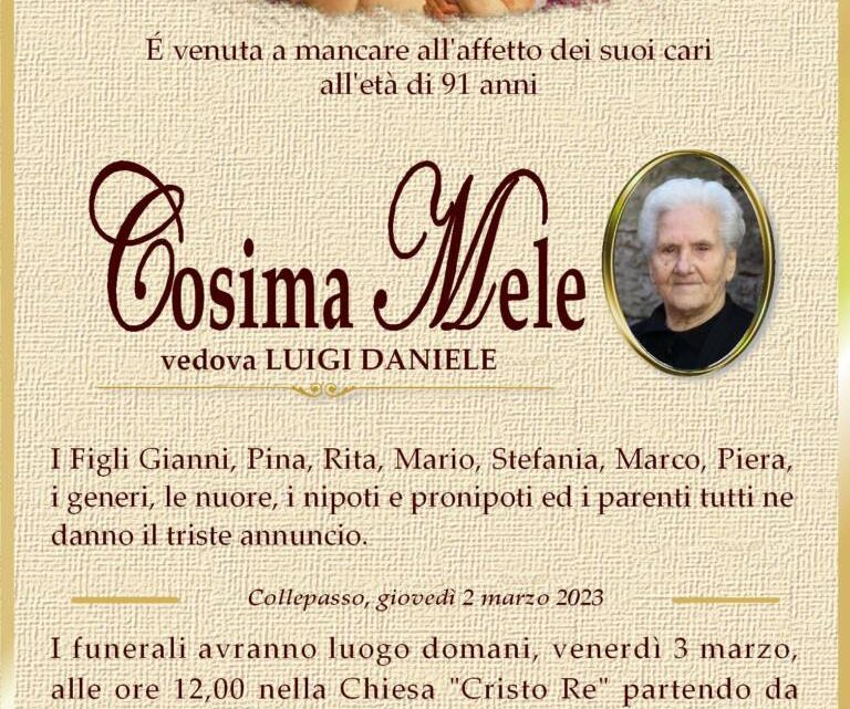 È morta Cosima Mele, ved. Daniele