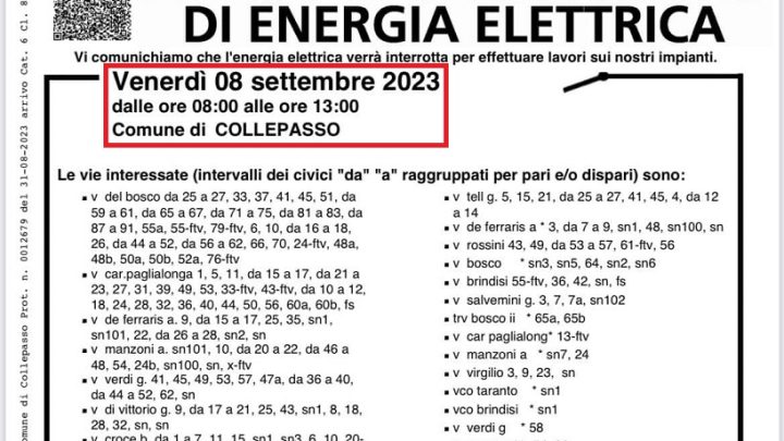 Un incredibile “avviso”: Rione Bosco senza energia elettrica l’8 settembre (ore 8-13), giorno della Festa Patronale