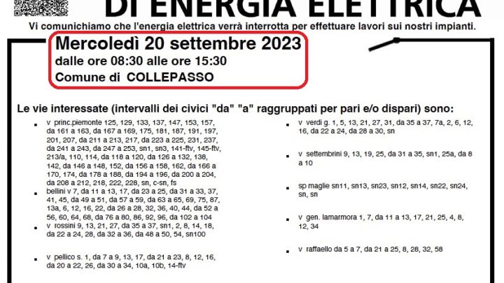 Mercoledì 20 settembre interruzione di energia elettrica (ore 8.30-15.30) su strade per Maglie e laterali