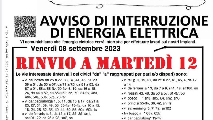 Revocata l’interruzione di energia elettrica prevista per l’8 settembre: è stata spostata al 12 settembre