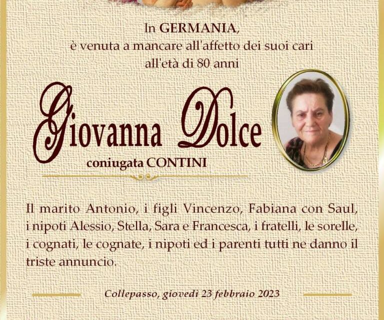 È morta Giovanna Dolce, coniug. Contini