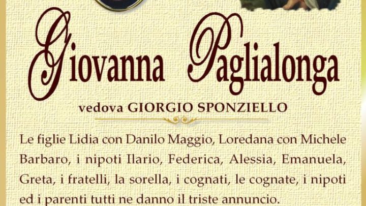 È morta Giovanna Paglialonga, ved. Sponziello