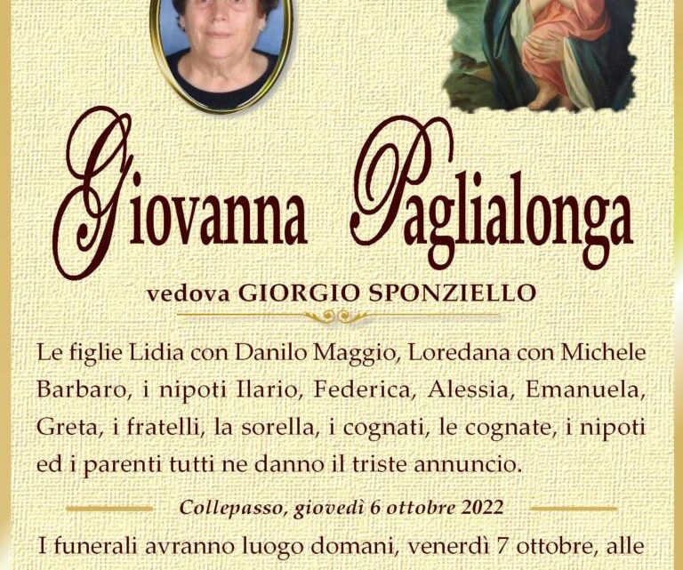 È morta Giovanna Paglialonga, ved. Sponziello