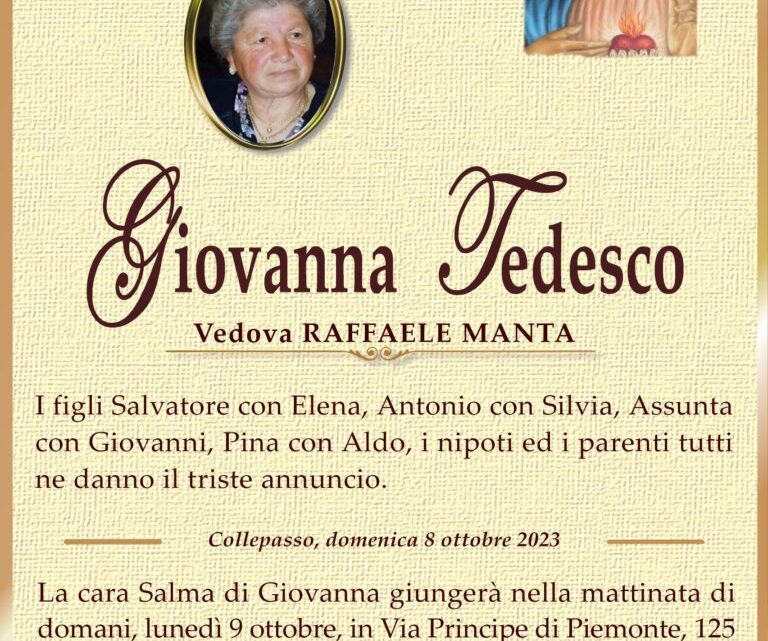 È morta Giovanna Tedesco, ved. Manta