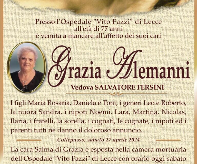 È  morta Grazia Alemanni, ved. Fersini