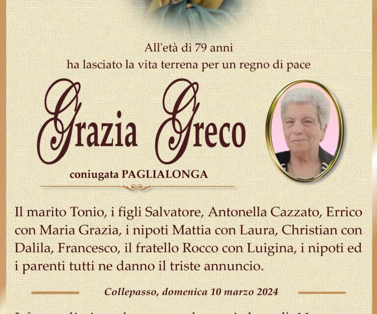 È morta Grazia Greco, coniug. Paglialonga