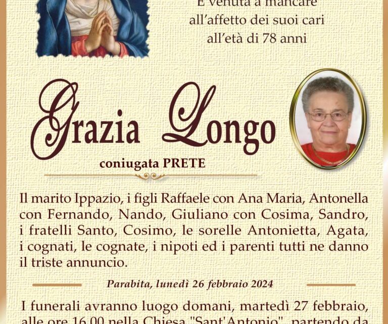 È morta Grazia Longo in Prete