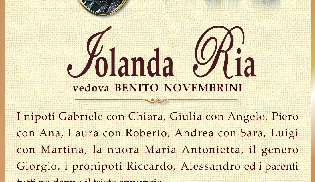 È morta Iolanda Ria, ved. Novembrini