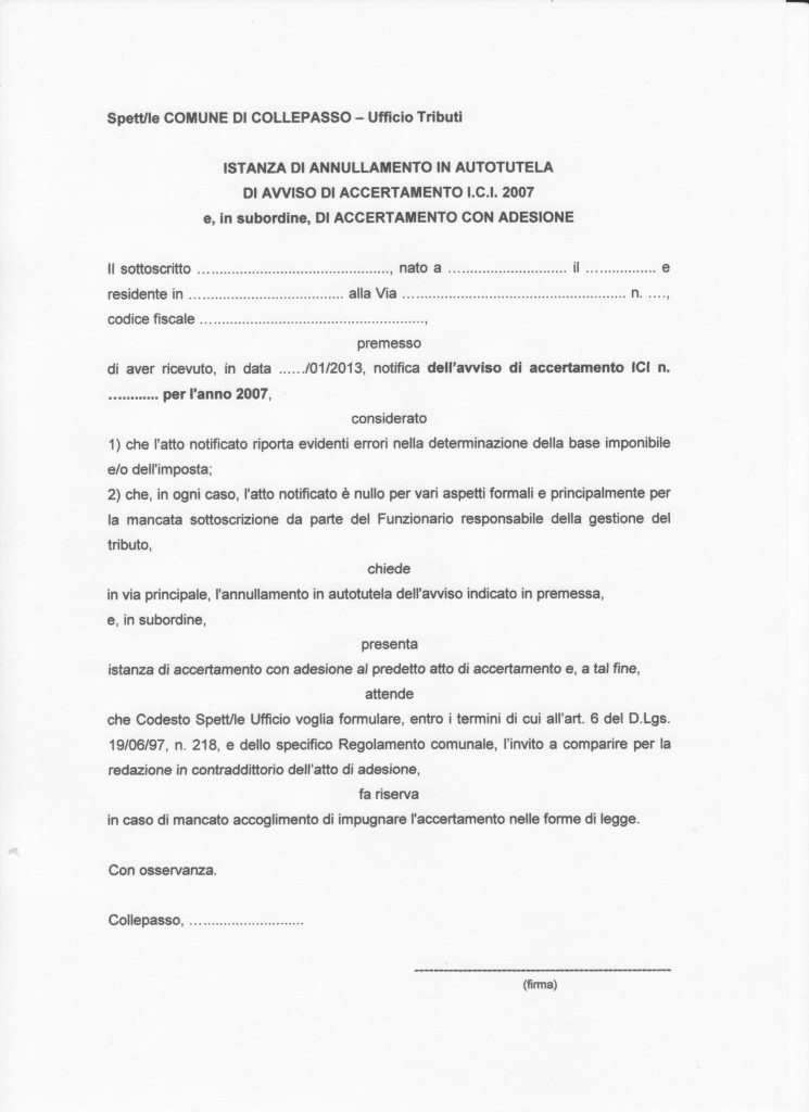 Istanza annullamento accert. ICI 2007