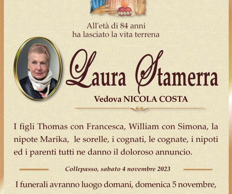 È morta Laura Stamerra, ved. Costa