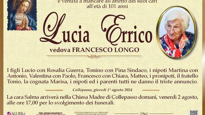 È morta Lucia Errico, ved. Longo