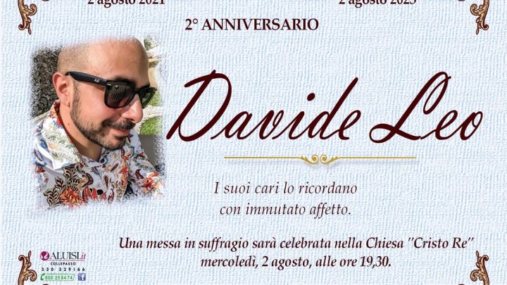 2° anniversario scomparsa di Davide Leo: una S. Messa in suffragio (2 agosto, ore 19.30, Chiesa Cristo Re)