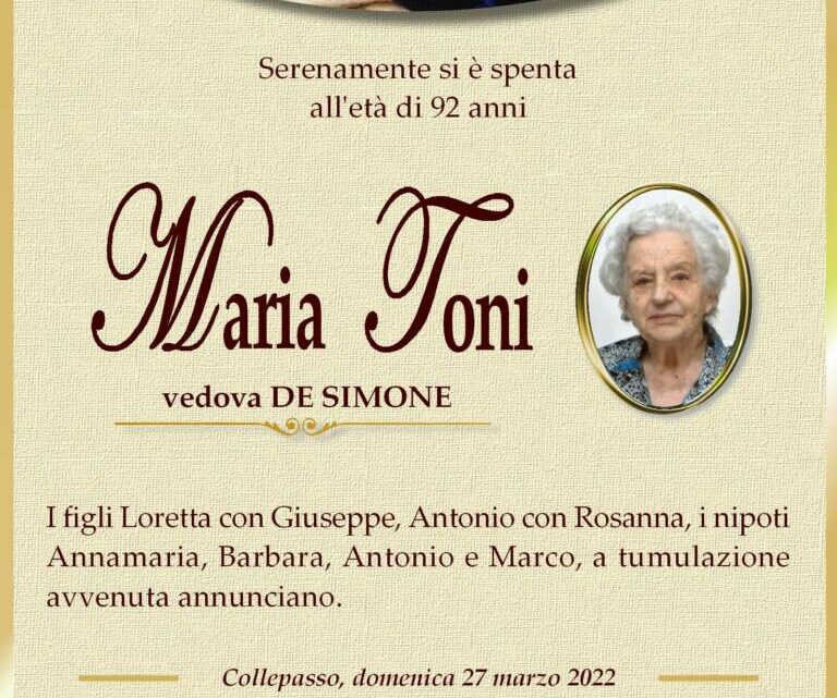 È morta Maria Toni, ved. De Simone