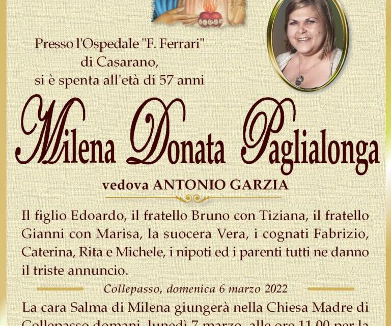 È morta Milena Donata Paglialonga, ved. Garzia