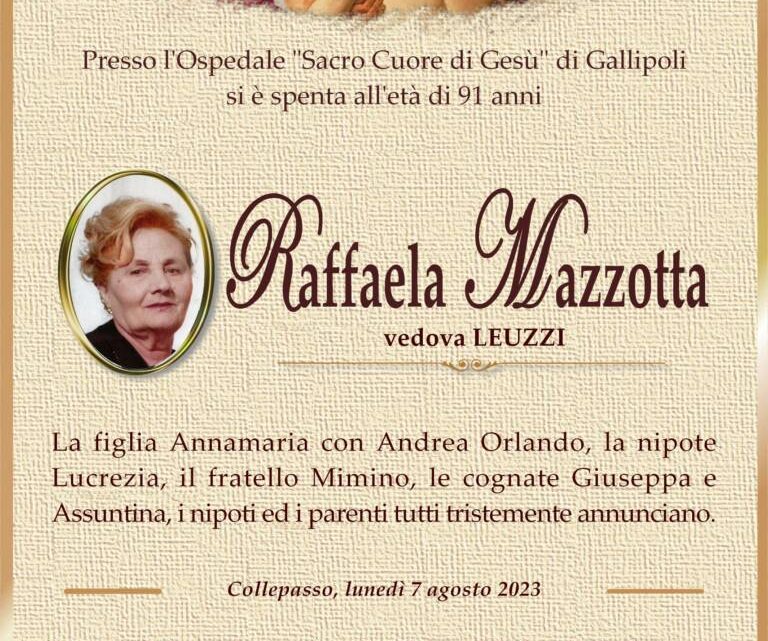 È morta Raffaella Mazzotta, ved. Leuzzi