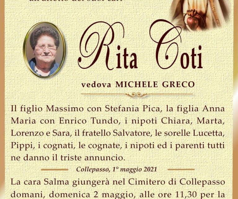 È morta Rita Coti, ved. Greco