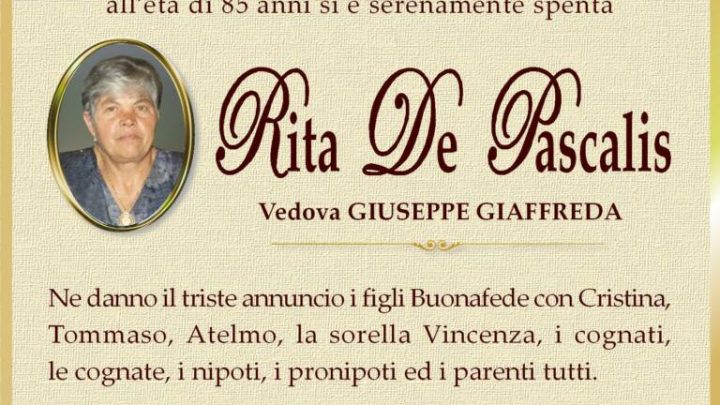 È morta Rita De Pascalis, ved. Giaffreda