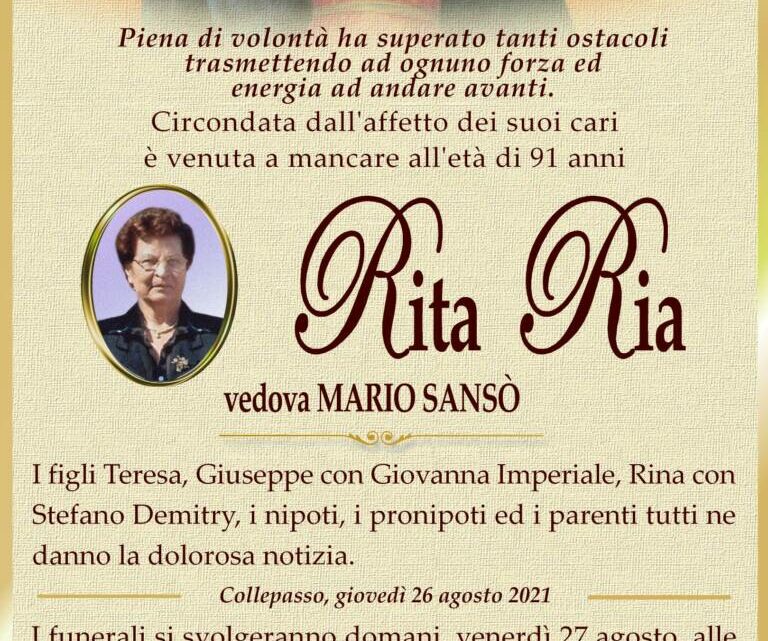 È morta Rita Ria, ved. Sansò