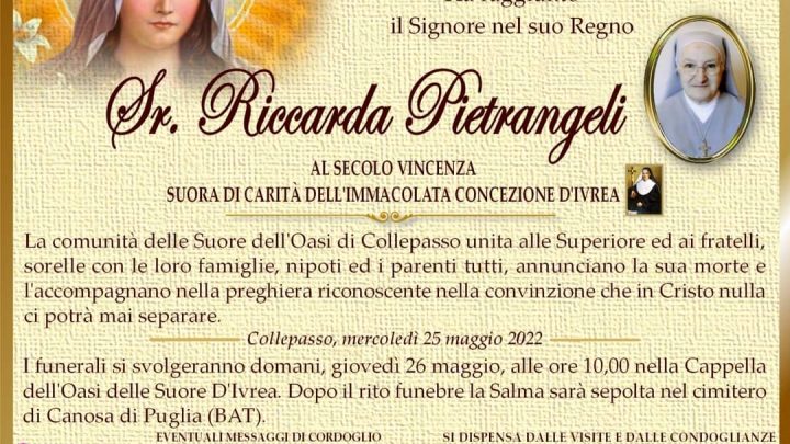 È morta Sr. Riccarda Pietrangeli