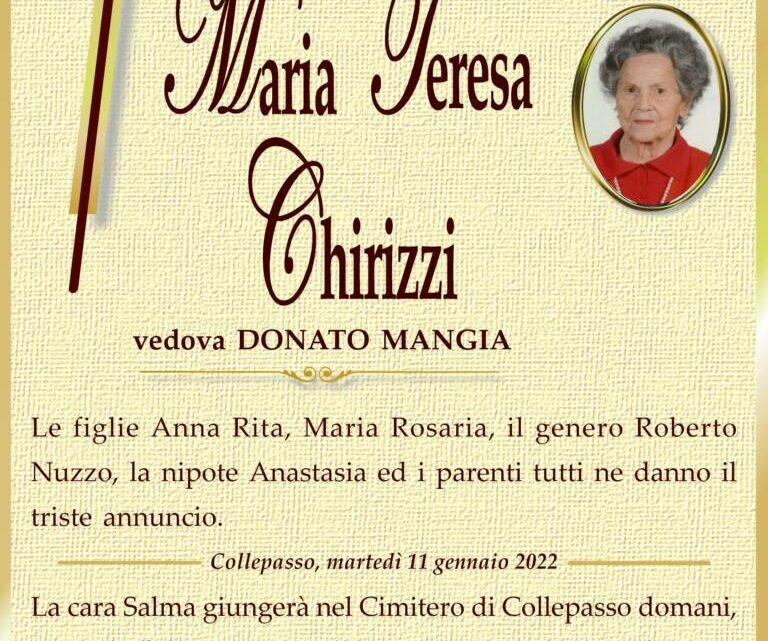 È morta Maria Teresa Chirizzi, ved. Mangia