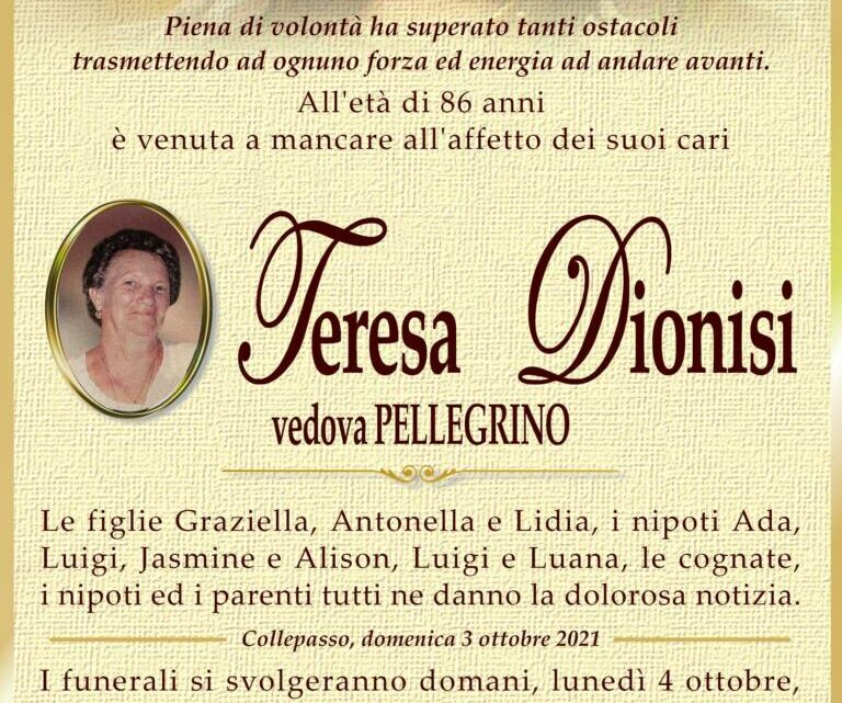 È morta Teresa Dionisi, ved. Pellegrino