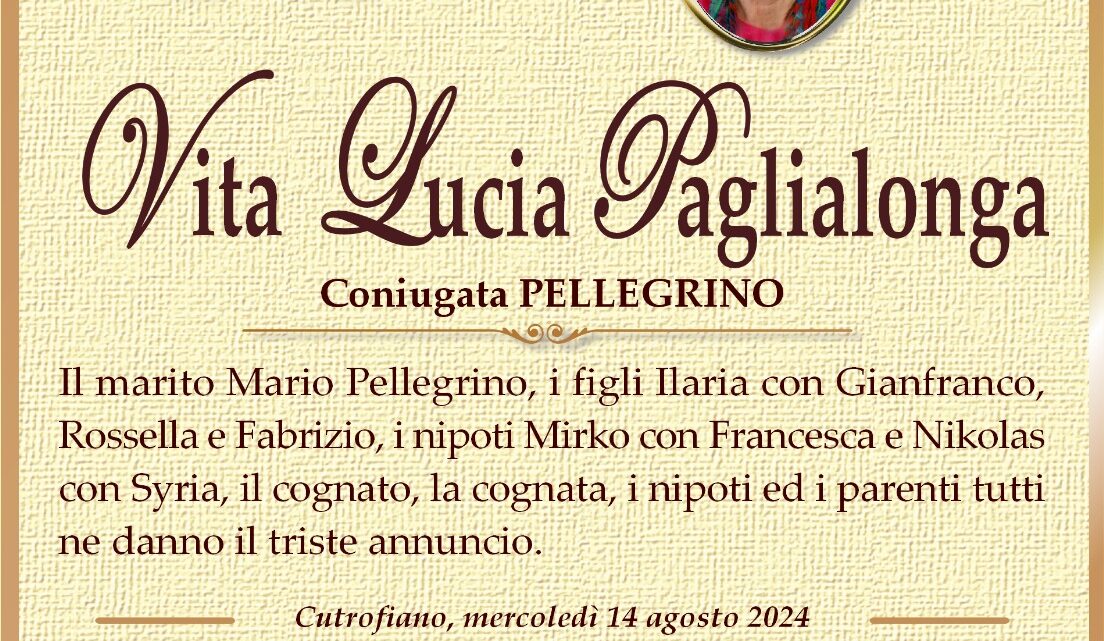 È morta Vita Lucia Paglialonga in Pellegrino