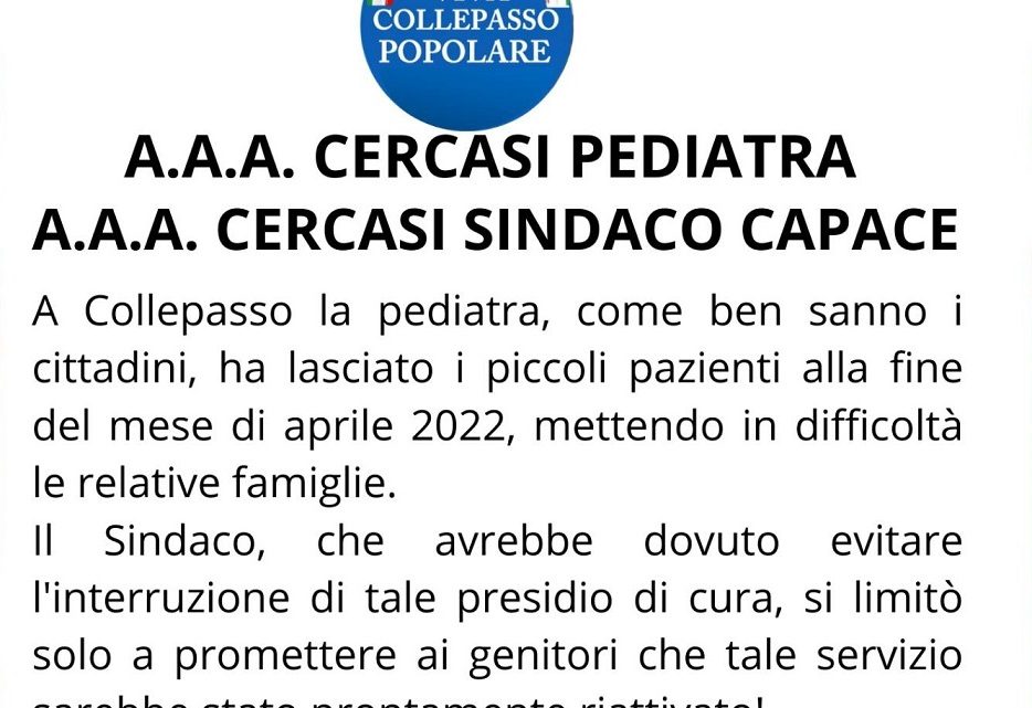 Da un anno manca un Pediatra a Collepasso: la denuncia in un volantino di “Viva Collepasso Popolare”