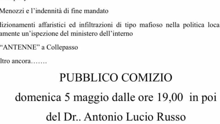 Domenica 5 maggio, alle ore 19.00, comizio di Lucio Russo in piazza Dante