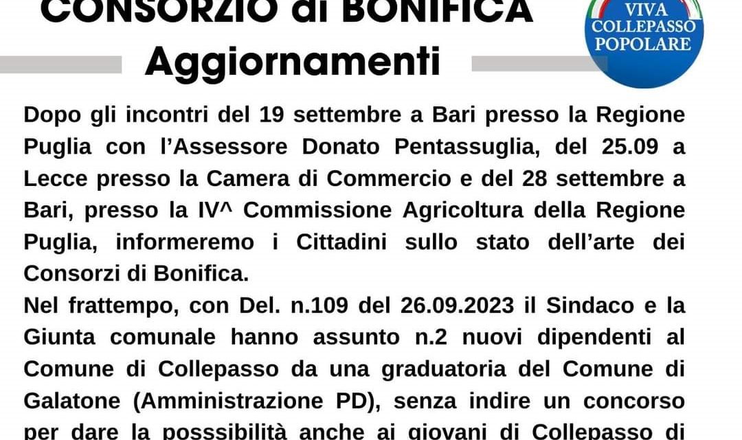 “Consorzio di Bonifica. Aggiornamenti”: volantino e assemblea pubblica consiglieri V. Collepasso Popolare (1° ottobre, ore 18.30, Largo Municipio)