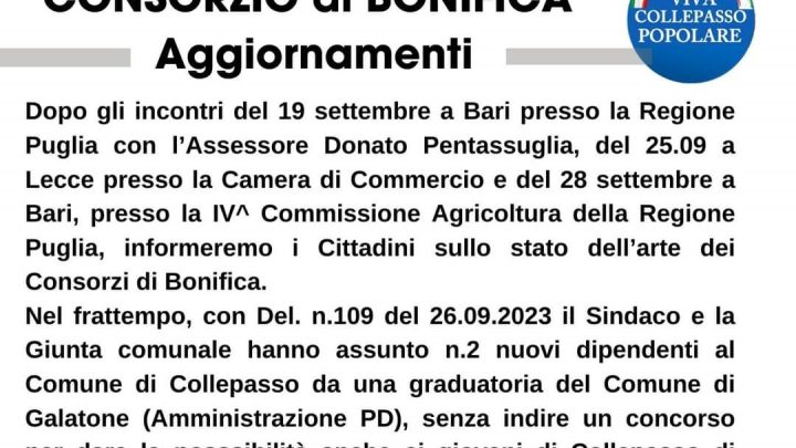 “Consorzio di Bonifica. Aggiornamenti”: volantino e assemblea pubblica consiglieri V. Collepasso Popolare (1° ottobre, ore 18.30, Largo Municipio)