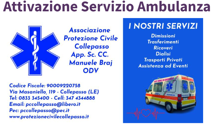 Da lunedì 11 novembre sarà attivo tutti i giorni il Servizio Ambulanza della Protezione Civile Collepasso