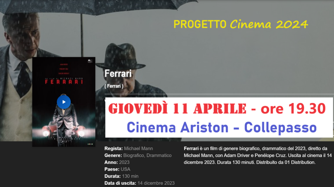 “Progetto Cinema 2024” chiude con “Ferrari” di Michael Mann (11 aprile, ore 19.30, Cinema Ariston)