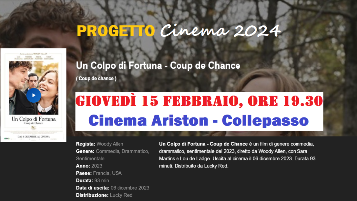 Progetto Cinema 2024: “Un colpo di fortuna” di Woody Allen (15 febbraio, ore 19.30, Cinema Ariston)